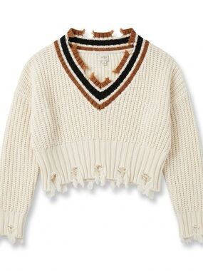 Selfie Leslie Cream Cropped V-Neck Sweater with Brown & Black Trim